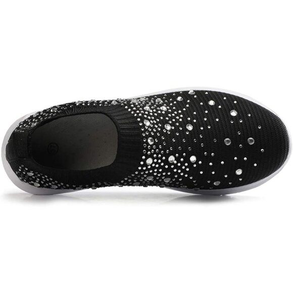 Women's Mesh Walking Shoes Rhinestone Glitter Slip On Ballroom Sneakers Black - Picture 2 of 6